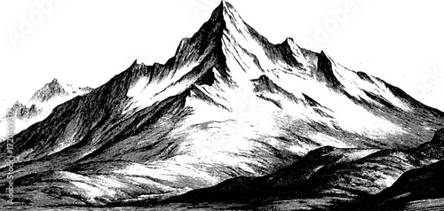 Majestic mountain peak with rugged slopes in vintage hand drawn style for nature and adventure design
