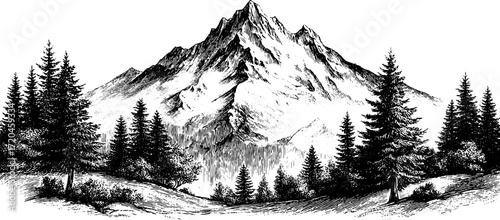 Majestic mountain peak with rugged slopes and pine trees in vintage hand drawn style