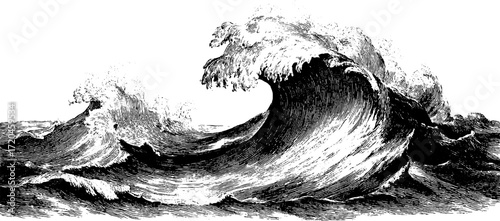 Elegant ocean wave cresting illustration in vintage engraving style for nautical design
