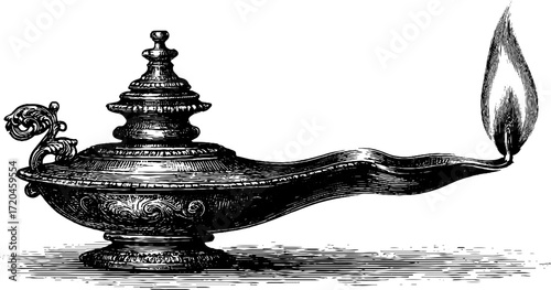 Vintage hand drawn ancient oil lamp silhouette for retro design and decor