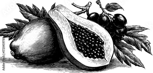 Vintage hand drawn engraving of cut open papaya with seeds and leaves for retro design
