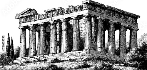 Vintage illustration of parthenon greek temple with classical columns for historical and educational design