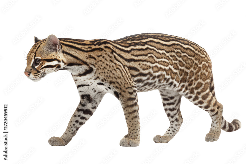 Naklejka premium A side profile of an ocelot walking, showcasing its distinctive coat pattern. background removed