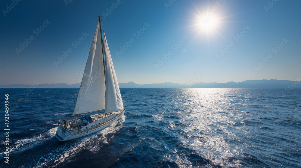 Obraz premium 夏の青空の海原を進む白い帆船の風景
