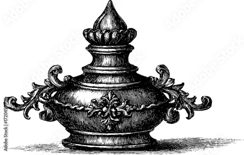 Ornate perfume bottle design with vintage hand drawn style for decorative use