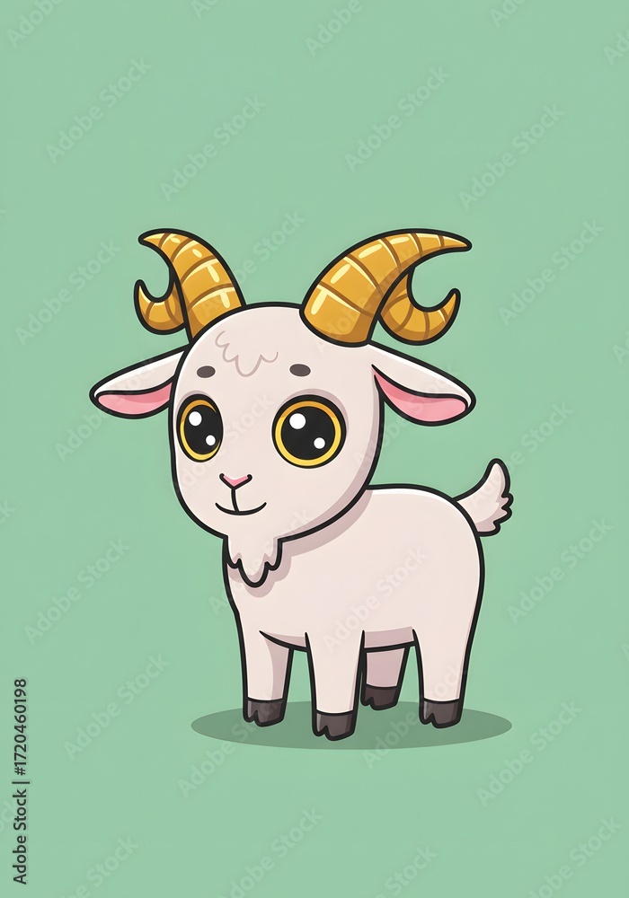 Fototapeta premium Cute Cartoon Goat Character with Big Eyes and Golden Horns