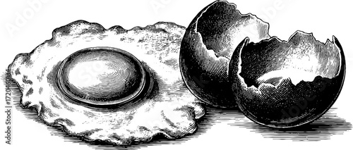 Vintage sketch of poached egg with yolk and broken shell for culinary design