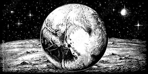 Vintage hand drawn illustration of pluto in space - celestial engraving for astronomy enthusiasts