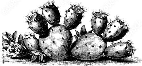 Vintage prickly pear cactus fruit sketch engraving for botanical design