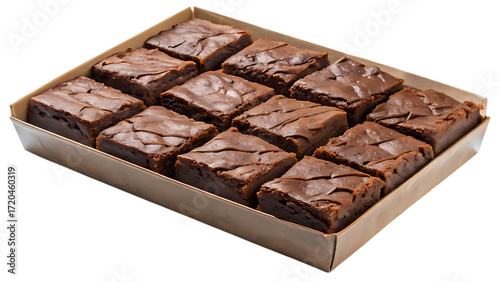 A tray of freshly baked chocolate brownies, cut into squares and arranged neatly, ready to be served as a delicious dessert or snack isolated on transparent background