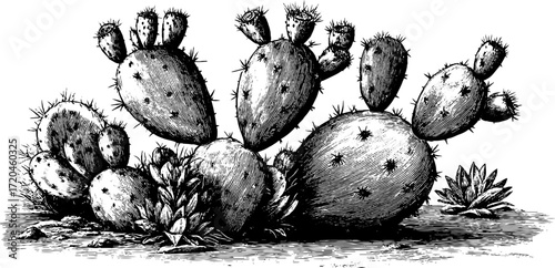 Vintage prickly pear cactus illustration with flat pads for botanical design