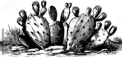 Vintage hand drawn illustration of prickly pear cactus in desert landscape