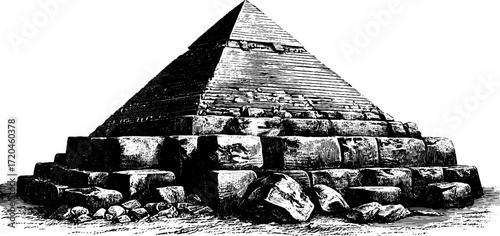 Ancient pyramid structure with stone blocks - historical architecture engraving for educational and decorative design