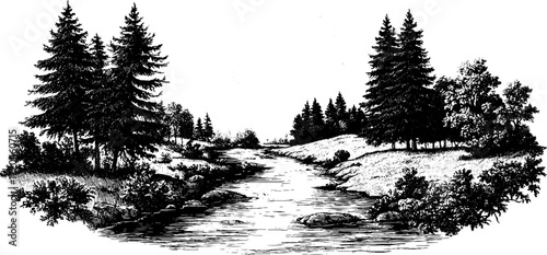 Serene river landscape flowing between lush banks - vintage nature scene for design