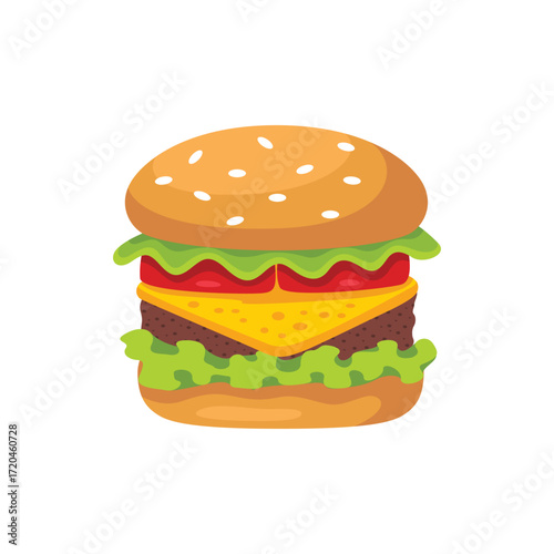 A cartoon hamburger with sesame seeds on a bun