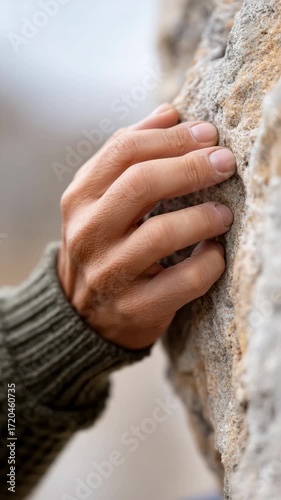 Closeup of hand gripping rock during outdoor climbing adventure