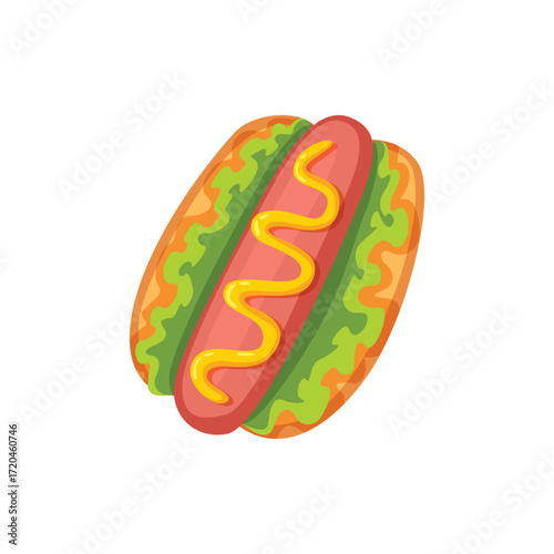 A cartoon hot dog with mustard on a white background