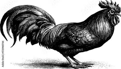 Vintage rooster silhouette with detailed plumage for farmhouse decor design