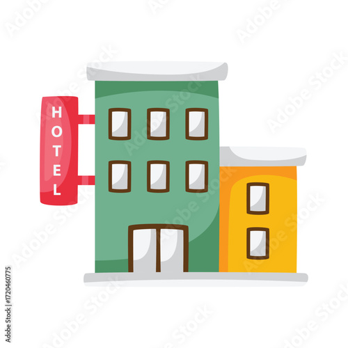 A cartoon hotel with a red vertical HOTEL sign