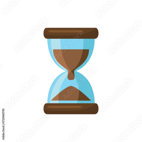 A cartoon hourglass with brown sand and blue glass