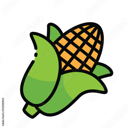 A cartoon illustration of a corn cob with green husks