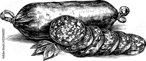 Vintage hand drawn salami sausage with sliced pattern design for labels and posters