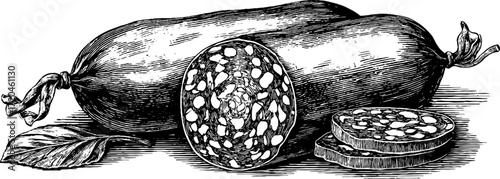 Vintage illustration of sliced salami sausage with pattern for culinary design
