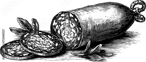 Vintage hand drawn salami sausage with slices and pattern design for culinary art