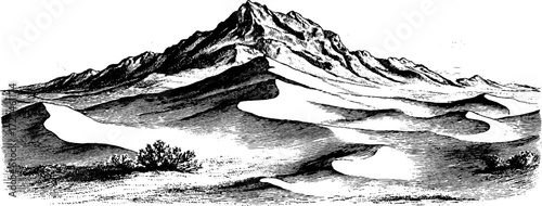 Vintage sketch of grainy sand texture with mountainous silhouette for design and print