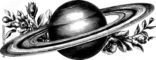 Vintage hand-drawn illustration of saturn with rings and floral details for design use