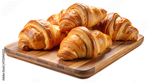 Delicious croissants on a wooden board isolated on transparent background, perfect for breakfast or a sweet treat, freshly baked and golden brown
