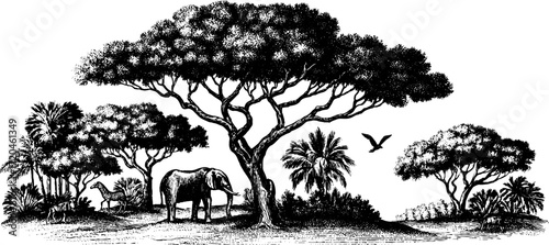 Vintage savanna landscape with wildlife and grasses - hand drawn engraving for retro design