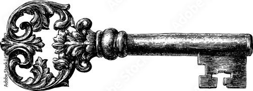 Vintage skeleton key illustration with ornate design for retro decor and collectibles