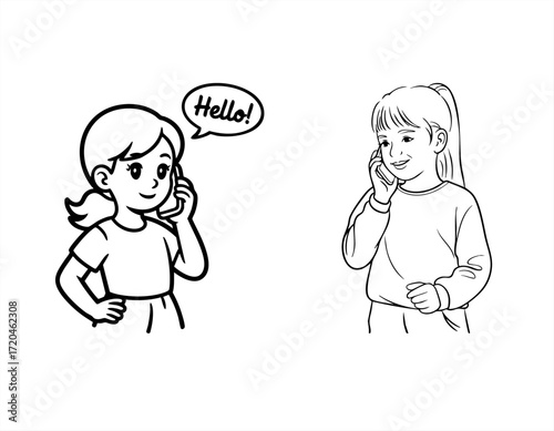 Girls talking on the phone, black and white line art illustration, for communication, friendship, and technology concepts, isolated vector.