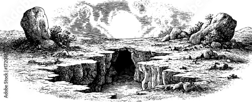 Geological formation in cavern setting with stalagmites and rugged terrain