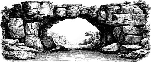 Vintage stone arch in nature: hand-drawn illustration for design and decor
