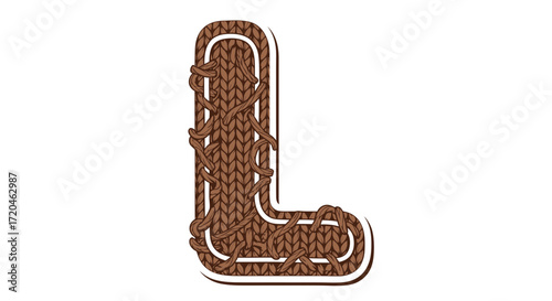 Charming capital letter L rendered with a detailed brown knitted texture, featuring delicate yarn accents, perfect for cozy, handmade, or educational design projects and textile-themed graphics