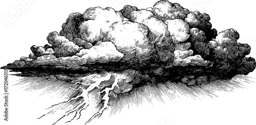 Vintage thunderstorm cloud with lightning in hand drawn etching style for weather design