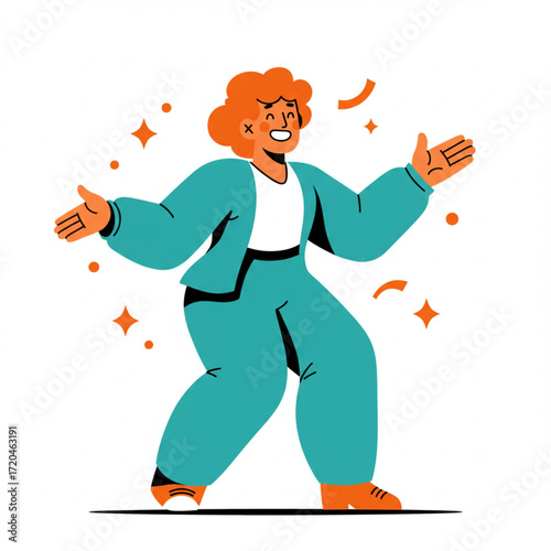 Extrovert Person Happy woman in a teal suit celebrating or welcoming, arms open wide amidst sparkles, embodying success, joy, and positive energy in a vibrant flat illustration