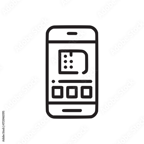 Illustration of a smartphone with a sim card icon on the screen, represents mobile technology, connectivity, and digital communication in a minimalist design