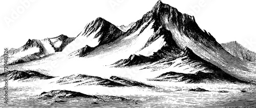 Vintage illustration of tundra frozen landscape with mountain silhouette for nature poster design