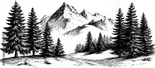 Snowy tundra landscape with mountains and pine trees for winter design