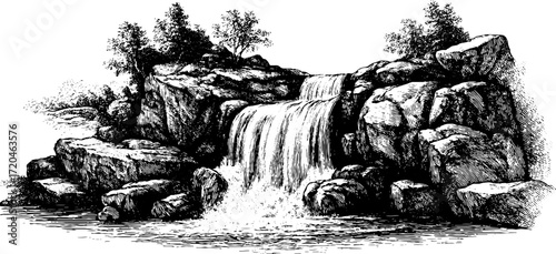Hand drawn vintage waterfall cascading over rocks in scenic nature silhouette for retro design