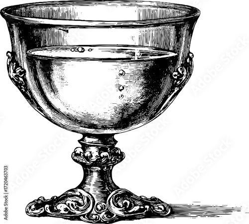 Vintage wine glass with liquid inside - hand drawn engraving