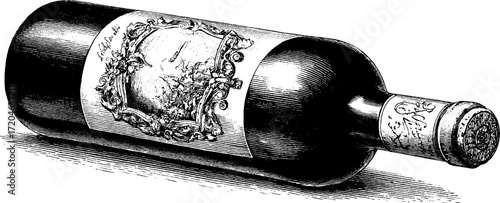 Vintage engraving of wine bottle with cork displayed at an angle for design and decor