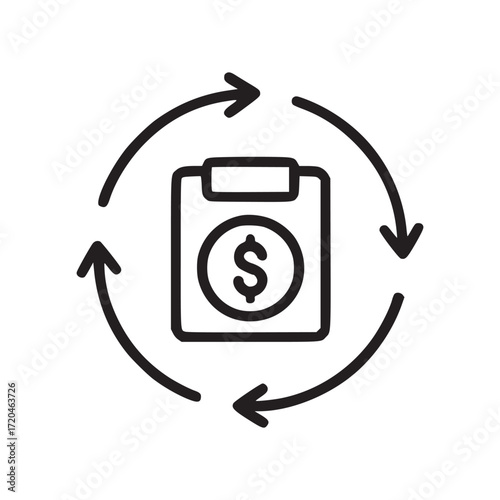Vector art of an illustration of a clipboard with a dollar sign and circular arrows, , representing financial cycle, audit, and review, suitable for use in applications, websites, and presentations