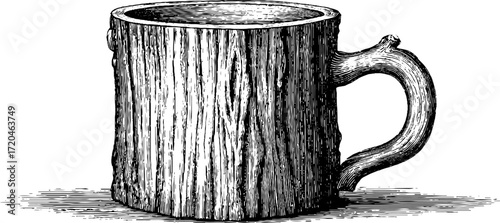 Rustic wooden mug design with detailed hand drawn sketch for vintage aesthetic