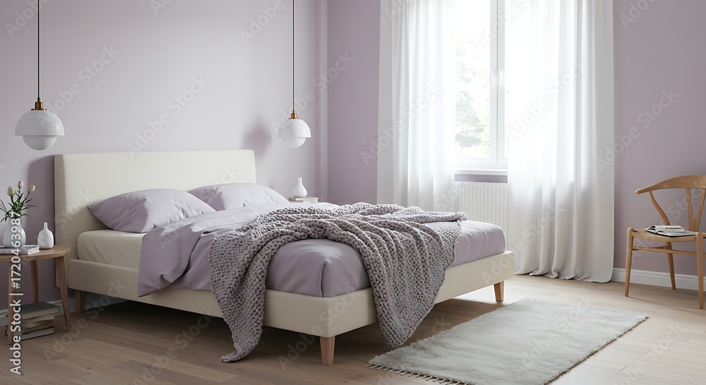 Obraz premium Modern Minimalist Bedroom with Light Purple Walls and White Bed