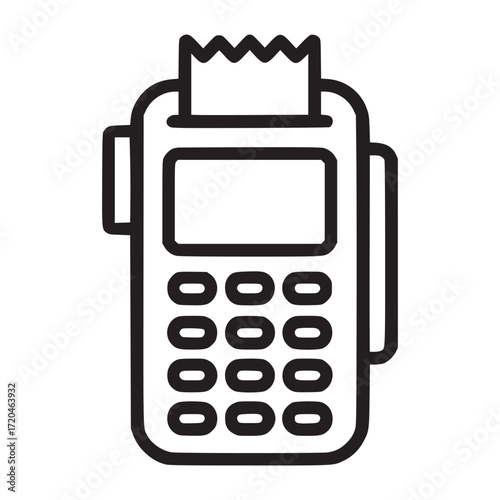 Illustration of a black and white pos terminal with a receipt coming out of it, the design is minimalist and modern, suitable for use in web design or mobile apps