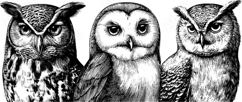 Vintage owl illustrations set featuring barn owl, snowy owl, great horned owl for retro designs